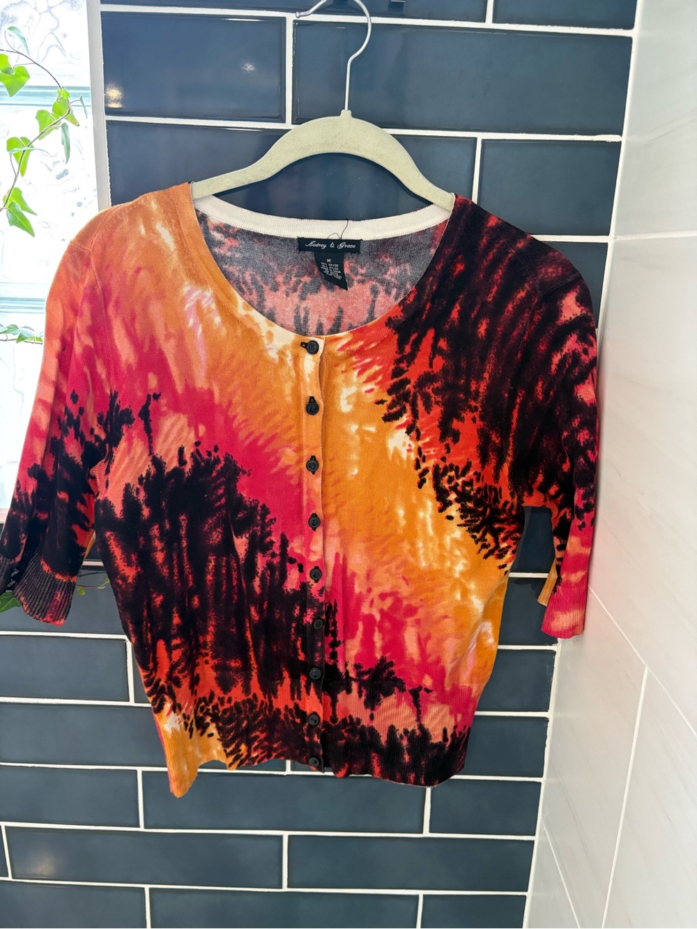 Audrey & Grace Orange Pink Tie-Dye Button Cardigan with Black Accents